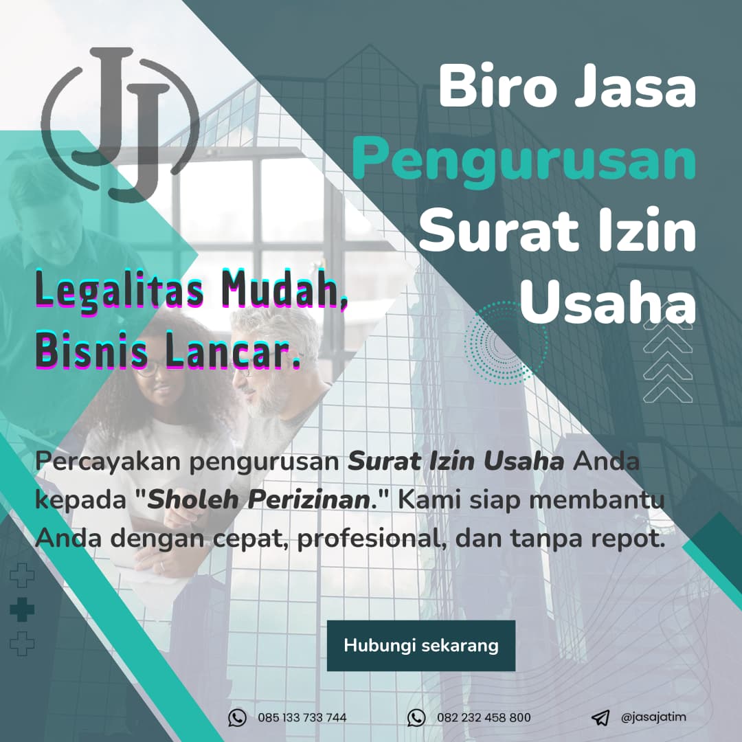 Biro Jasa Pengurusan Surat Izin Usaha - Legalitas Mudah, Bisnis Lancar. Percayakan pengurusan Surat Izin Usaha Anda kepada Sholeh Perizinan. Kami siap membantu dengan cepat, profesional, dan tanpa repot. Hubungi sekarang di 085133733744 atau 082232458800.