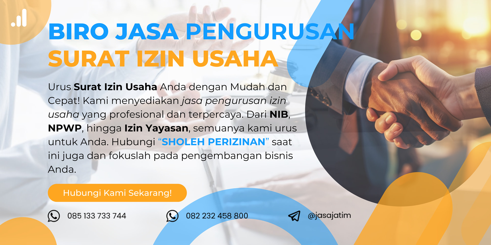 Percayakan pengurusan Surat Izin Usaha Anda kepada 'Sholeh Perizinan,' solusi terpercaya untuk memudahkan legalitas bisnis Anda. Dari NIB hingga izin yayasan, kami urus dengan cepat dan profesional. Hubungi kami sekarang melalui WhatsApp atau Telegram untuk mendapatkan Surat Izin Usaha Anda tanpa repot.
